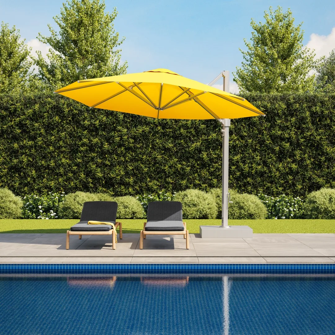 900 Cantilever Base Lifestyle Shot Aurora and Eclipse Wheeled Freestanding Parasol Base