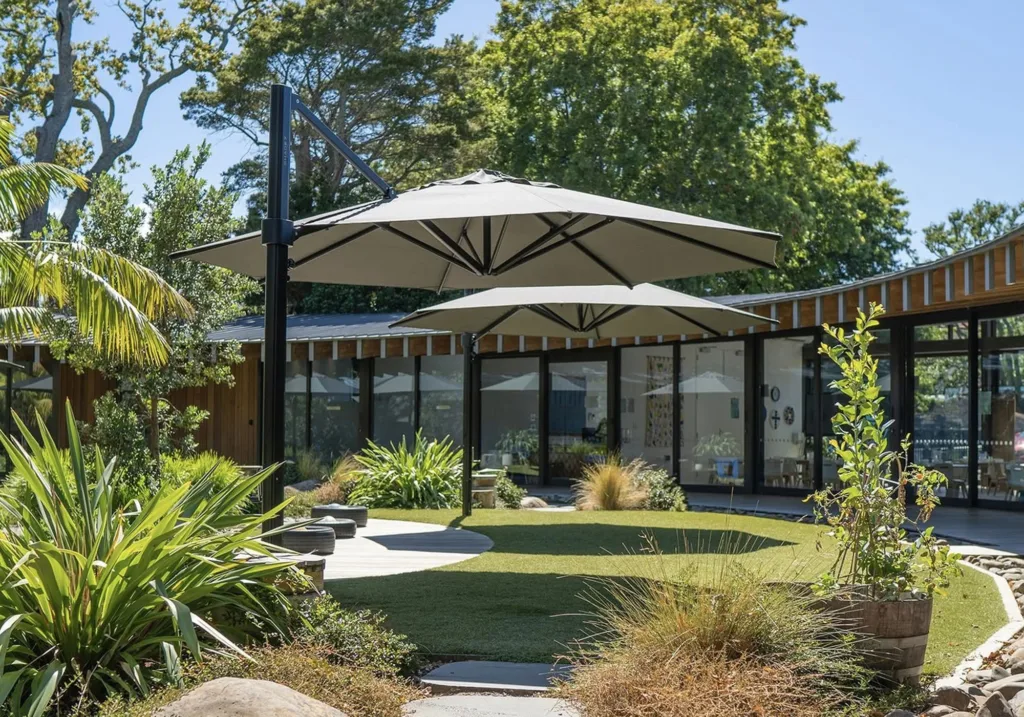 A summer garden with luxury black cantilever parasols with in-ground bases