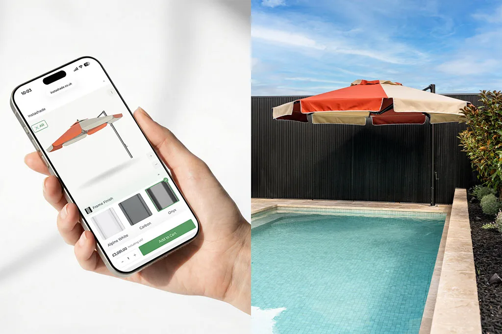 A side by side picture, one picture is showing somebody using the Instashade 3d parasol configurator on a mobile device and the other picture is showing a real life Instashade parasol in real life.