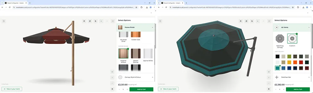 2 screenshots side by side showing some of the different customisation options on the Instashade 3d parasol configurator.