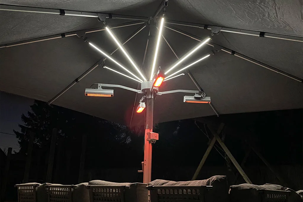 Instashade Nova heavy duty wind rated luxury garden parasol with integrated lighting and heaters.