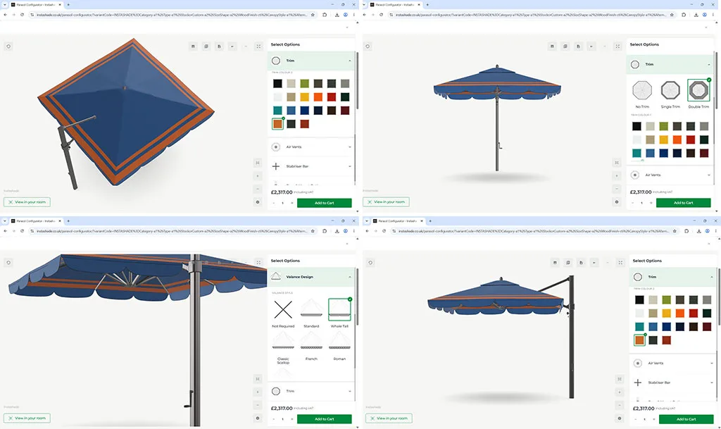 4 screenshots of the instashade 3d parasol configurator showing the 3d product model from different angles.